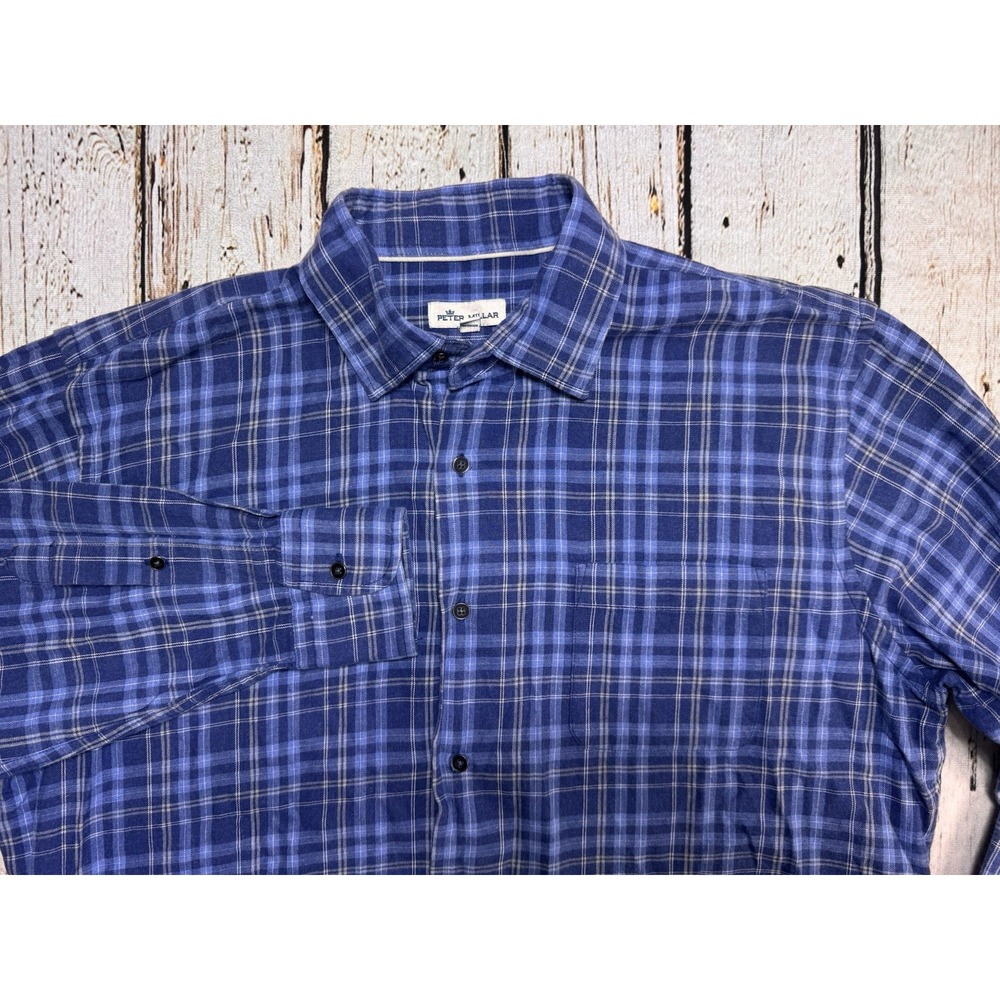 Peter Millar Shirt Mens Large Blue Soft Flannel Plaid‎ Button Up Long Sleeve